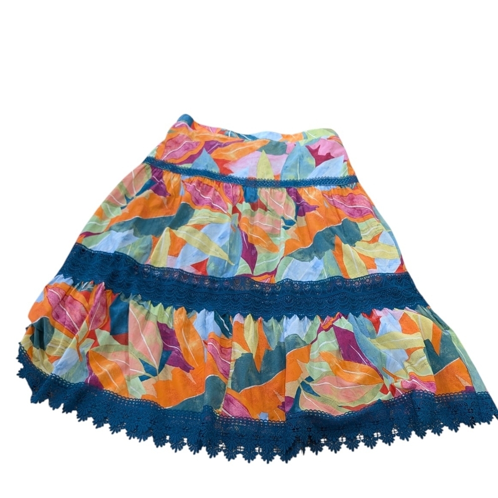 Diamond True XL Tropical Women's Boho A-Line Skirt Blue Lace Trim - Picture 2 of 11
